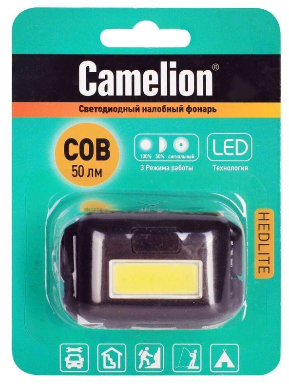 Фонарь налобный LED5355 1Вт COB LED 3 реж. 3XAAA пласт. блист. черн. Camelion 13748