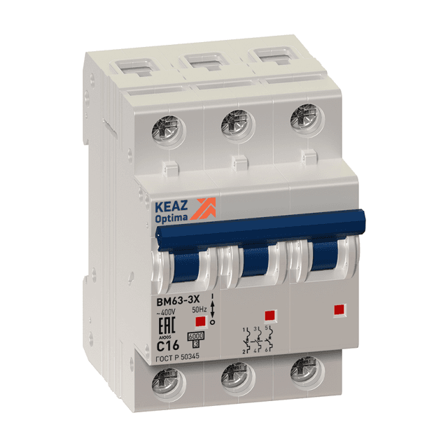 Выключатель автоматический модульный 3п D 25А 6кА OptiDin BM63-3D25-УХЛ3 (ВМ63) КЭАЗ 103766